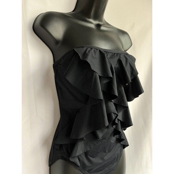 Michael Kors Mio One Piece Flutter Front Bandeau Swimsuit Women's 8 Black Ruffle - Picture 4 of 10